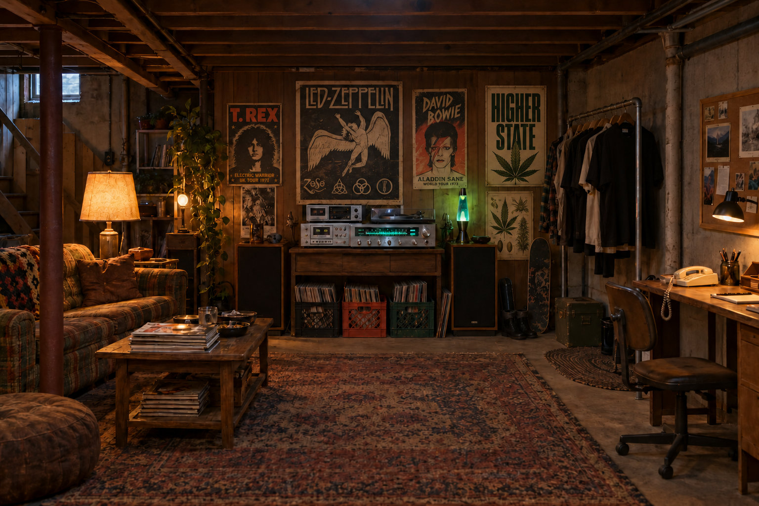 A nostalgic basement with music, Higher State and botanical posters, magazine stacks, a vintage stereo, shirts and a telephone desk