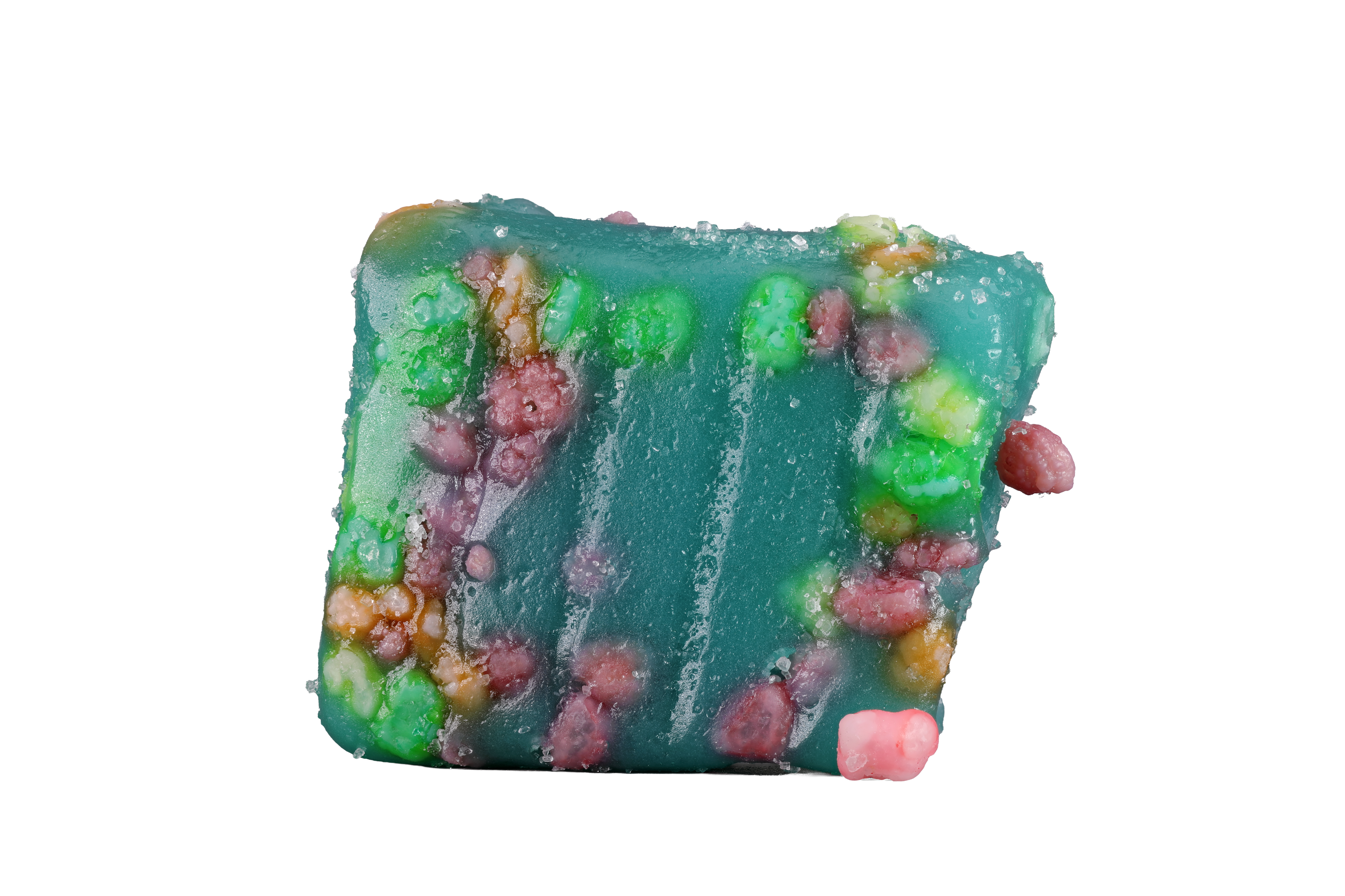 Blueberry Frost gummy with colorful candy pieces embedded in its blue surface